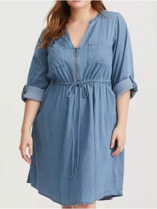 torrid Dresses & Skirts - Torrid Chambray Split Neck Shirt Dress Women's Size 0 (12) Roll Tab Sleeves NWT